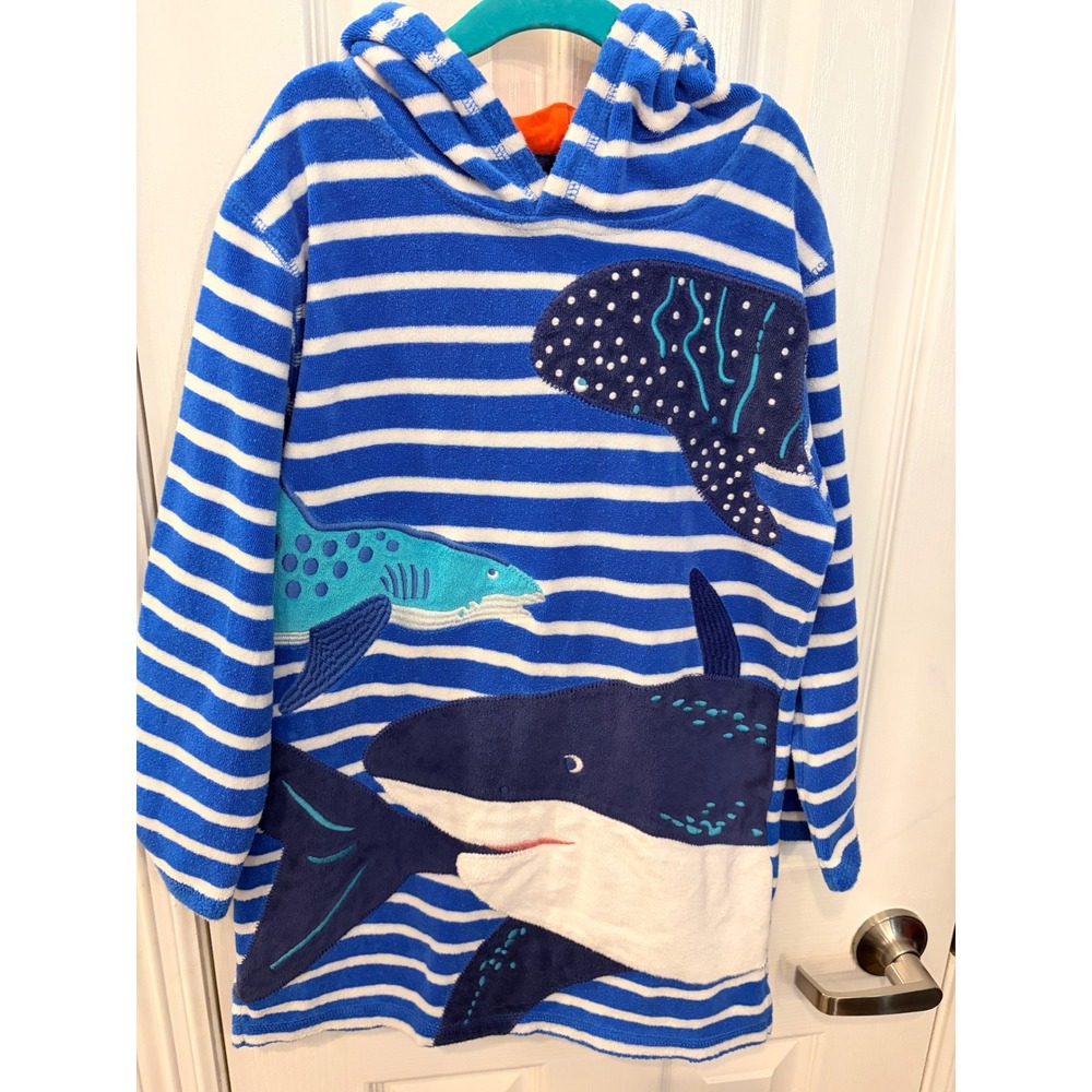 Mini Boden Terry Hoodie Blue White Striped Shark Whale Cover Up 7-8Y